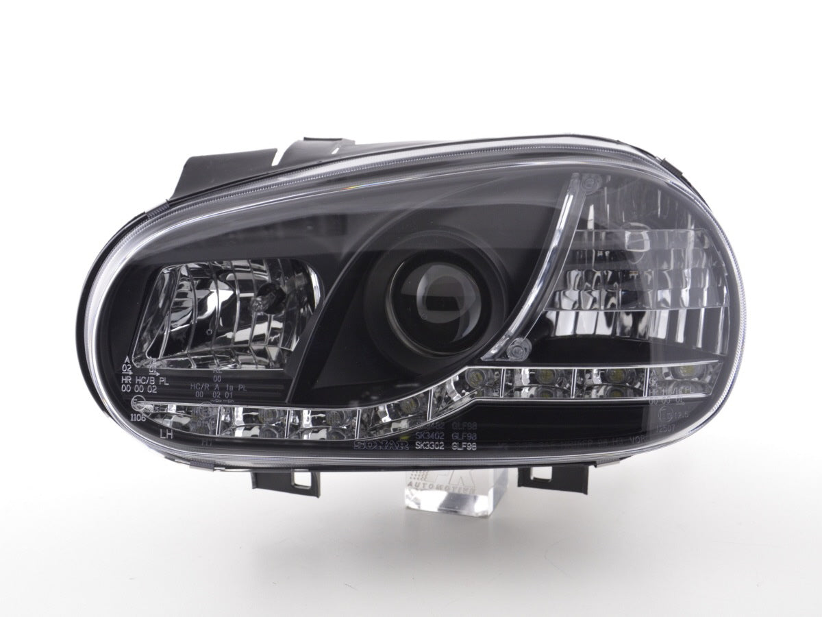 Scheinwerfer Set Daylight LED Tagfahrlicht VW Golf 4 97-03 schwarz für Rechtslenker Scheinwerfer Set Daylight LED Tagfahrlicht VW Golf 4 97-03 schwarz für Rechtslenker